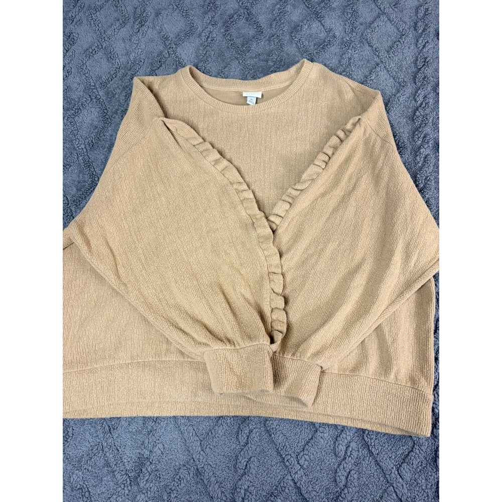 Women's A New Day Tan Beige Crewneck Sweater with Ruffle Sleeve Size XL